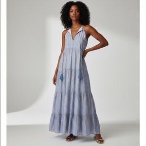 Oliphant Long Tiered Tassel Maxi Dress Tulum blue Gold Abstract Sleeveless Large